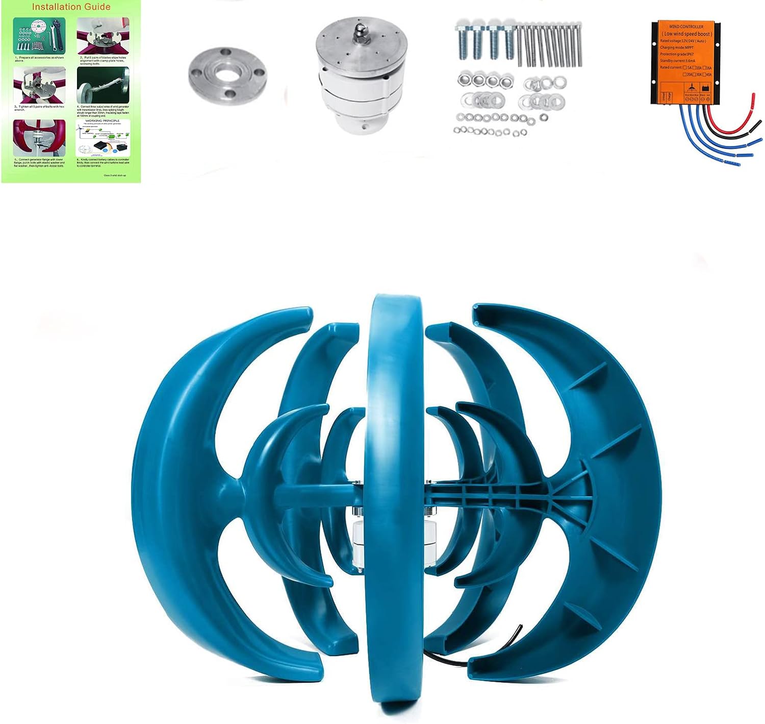 Blue Wind Turbine 5 Blades Vertical Wind Power Generator 12V/24V /48V 3000W Vertical Wind Turbine Generator for Garden & Home