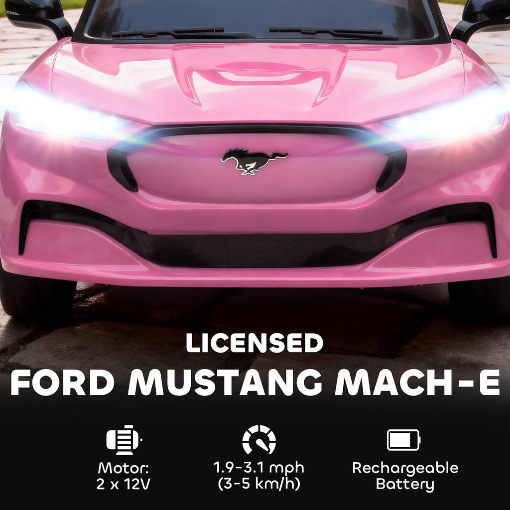 Qaba 12V Kids Ride On Car, Licensed Ford Mustang Mach-E Electric Car with Remote Control, 3 Speeds, LED Light, Music, Bluetooth, Suspension Wheels, Battery Powered Toy for Ages 3–5 Years, Pink
