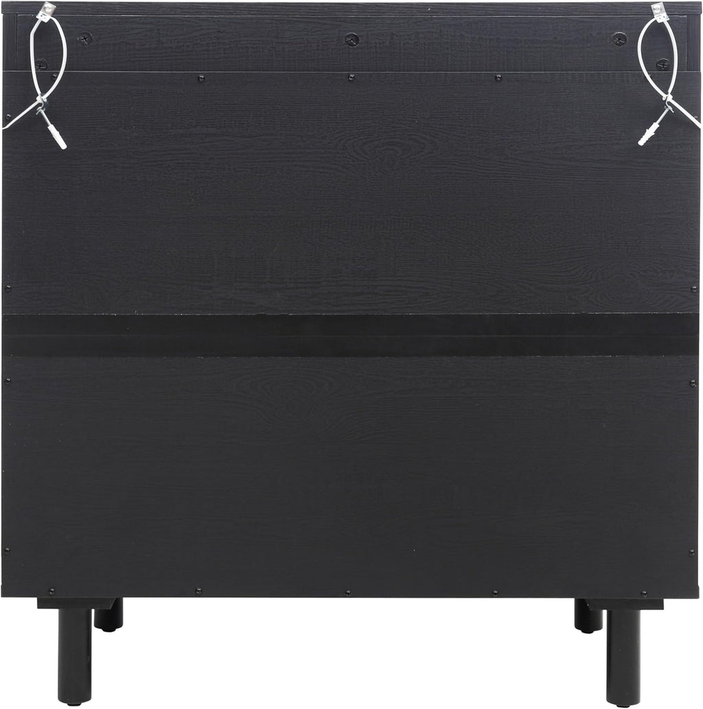 vistavie Rattan Buffet 2 Door Cabinet with Storage, Sideboard Storage Cabinet with Solid Pine Legs, Accent Wood Cabinet for Bathroom, Dining Room, Kitchen (Black)