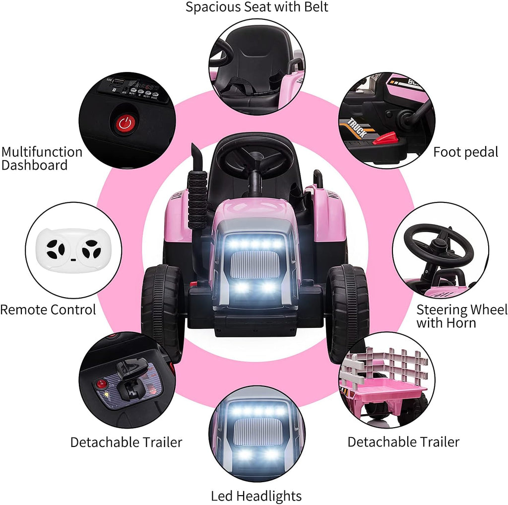 12V Kids Ride On Tractor with Trailer & Remote Control, Toddler Battery Powered Electric Vehicle, Slow Start 7LED Headlights USB Music Player 2+1 Gear Shift, Pink, 35W/ EVA Tire