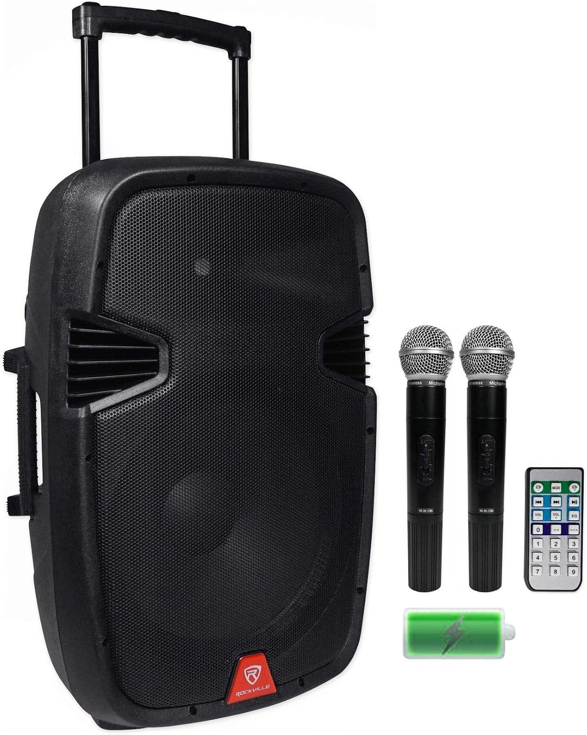 Rockville RAM15BT 15' Rechargable Powered 800W PA Speaker, 2 Mics, Bluetooth