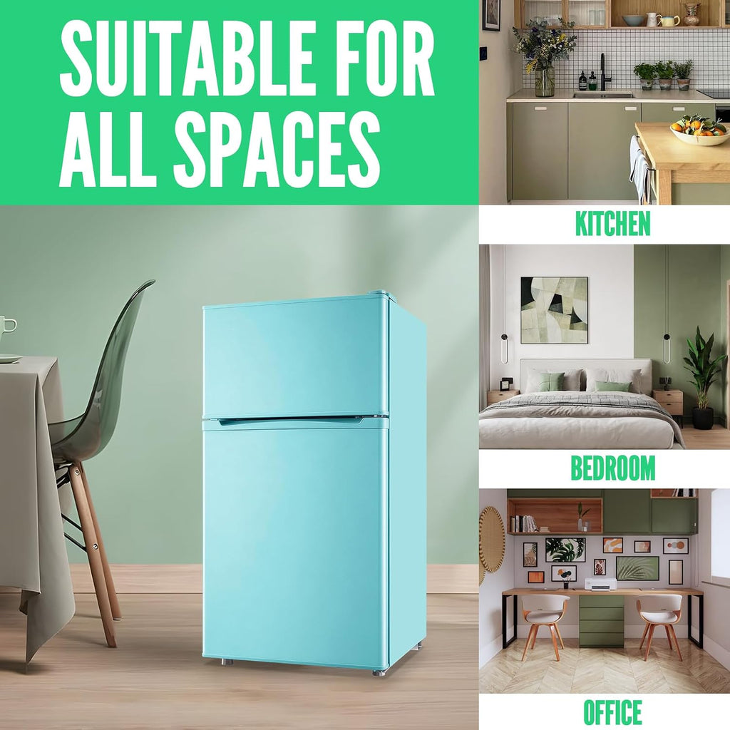 WANAI 2 Door Mini Refrigerator with Freezer-on-top, Spacious Capacity Fridge with 7-Level Adjustable Thermostat & 2 Removable Shelves Ideal for Kitchen Dorm Office Apt Blue