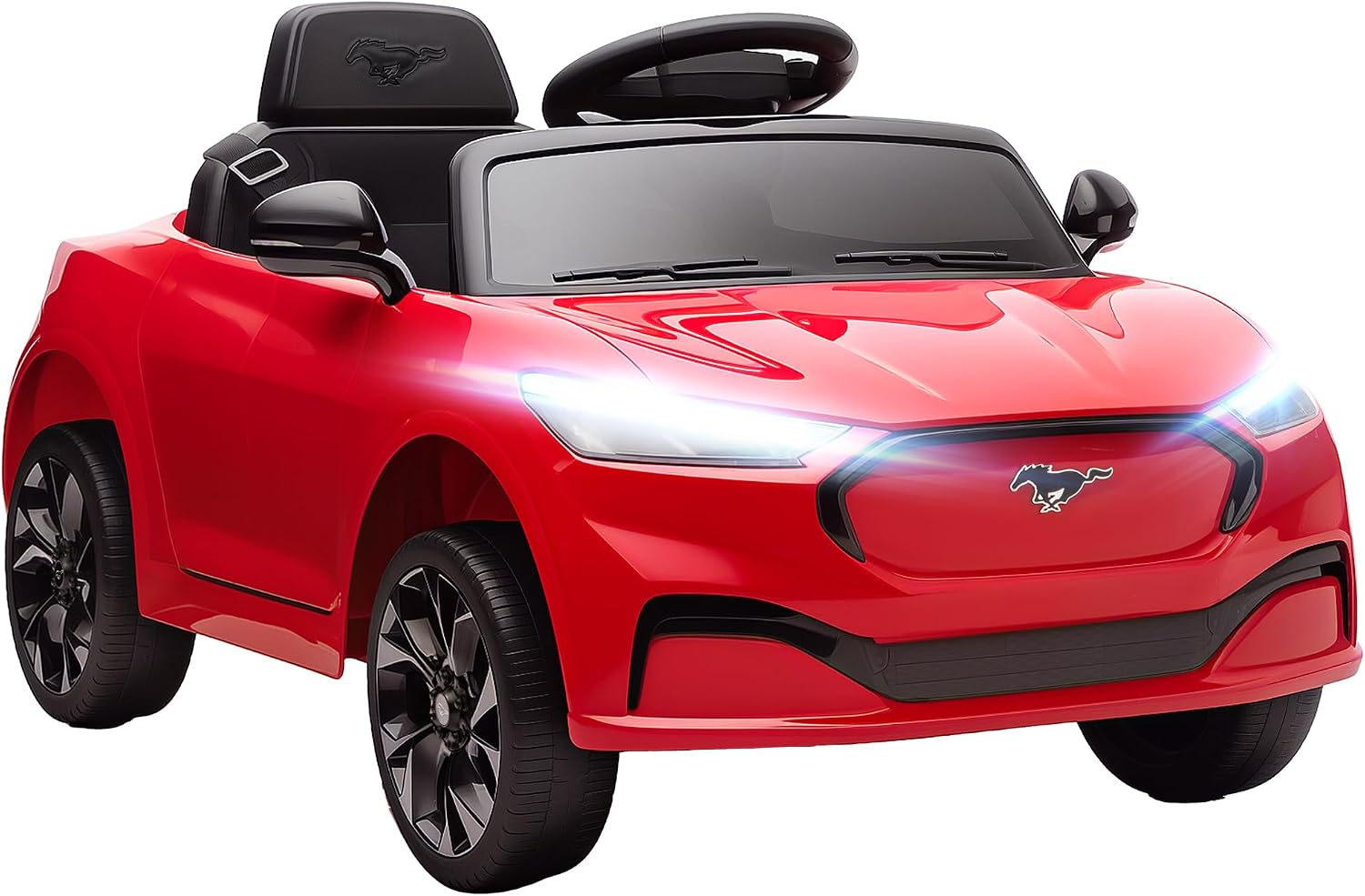 Qaba 12V Kids Ride On Car, Licensed Ford Mustang Mach-E Electric Car with Remote Control, 3 Speeds, LED Light, Music, Bluetooth, Suspension Wheels, Battery Powered Toy for Ages 3–5 Years, Red