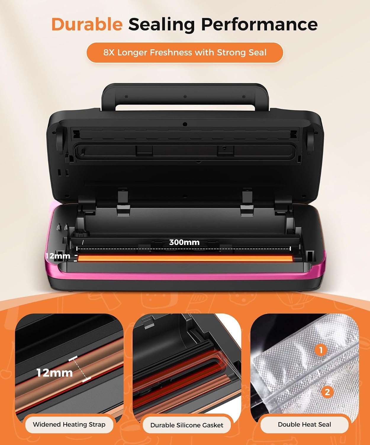 95kpa Vacuum Sealer Machine,Commercial Full Automatic Food Sealer,Powerful Sealing System with Double Heat Seal,Bags Storage, Easy-Lock Handle,Build-in Cutter,1 Bag Rolls and 10 pcs Pre-cut Bags(Pink)