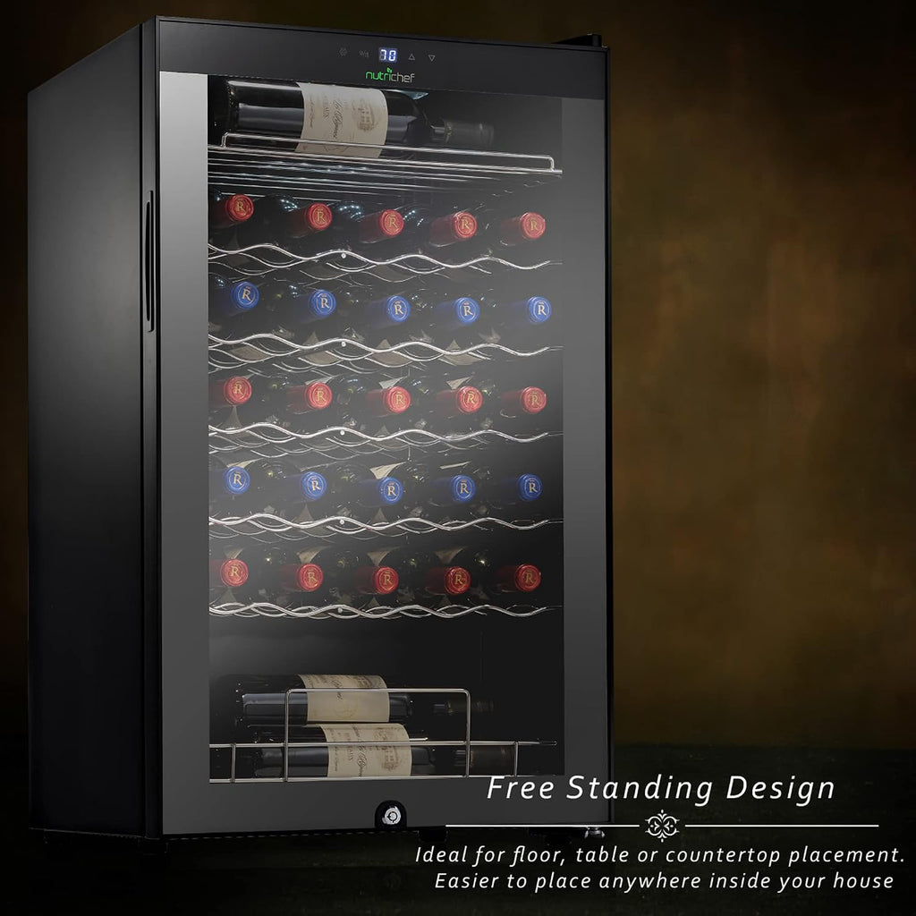 NutriChef PKCWC340 Wine Fridge, 34 Bottle Single Zone Beverage Chiller, 93.5L Capacity, 33x19x17 IN, Black