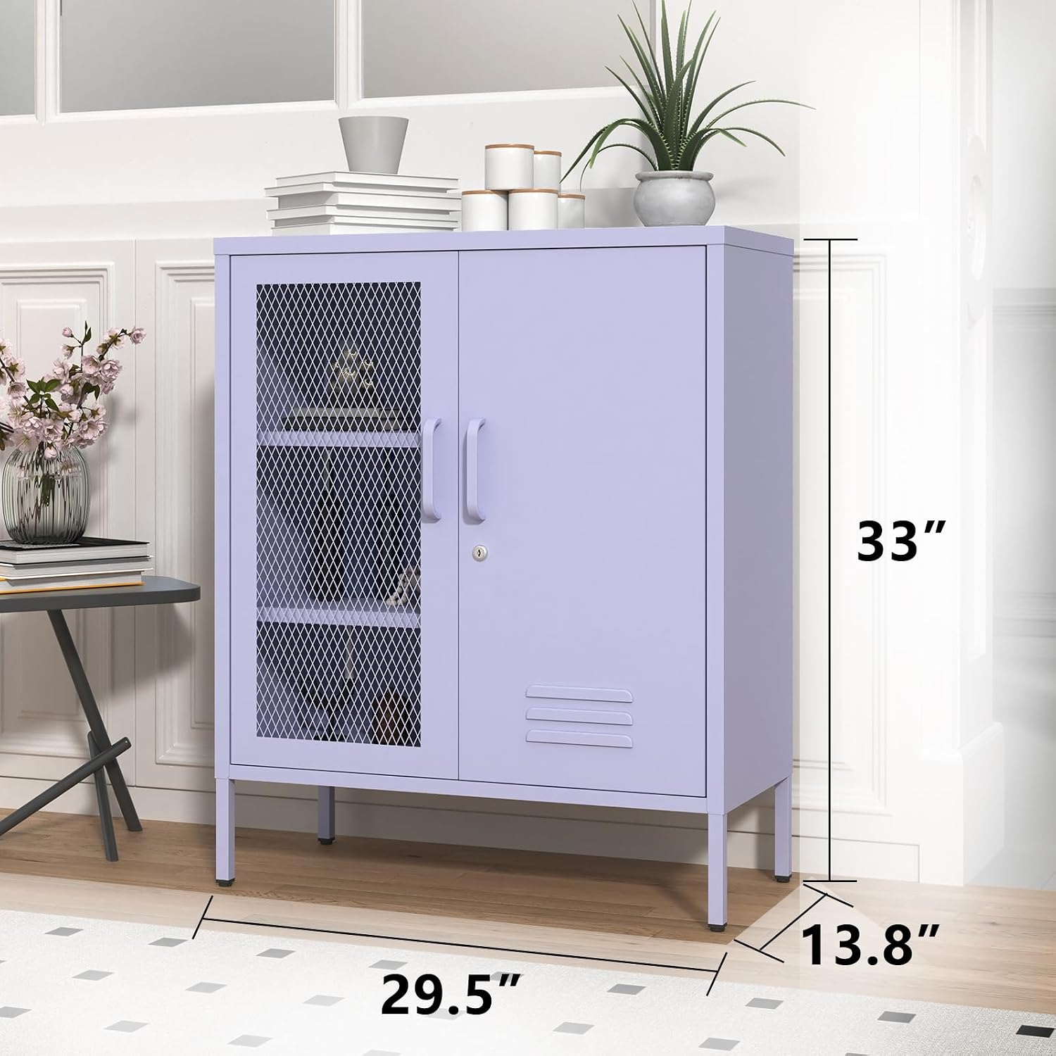 Purple Metal Storage Cabinet with Lock 3-Tier Freestanding Locker Organizer with Mesh Ventilated Door Multipurpose Accent Cabinet Locker Adjustable legs For Hallway, Living Room, Entryway, Home Office
