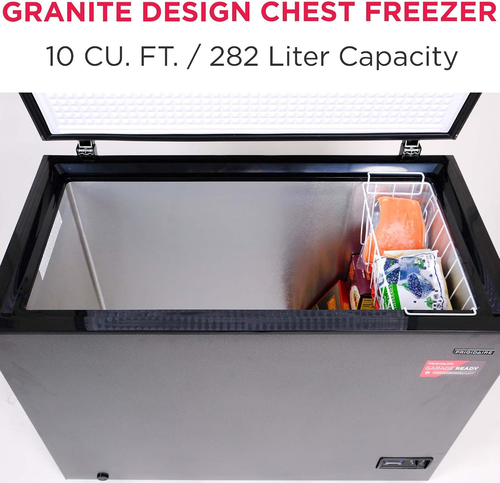 Frigidaire Chest Deep Freezer, 10 Cu. Ft. Capacity, Granita Rugged Design-Adjustable Thermostat-Removable Vinyl Coated Wire Basket-Easy Defrost Drain