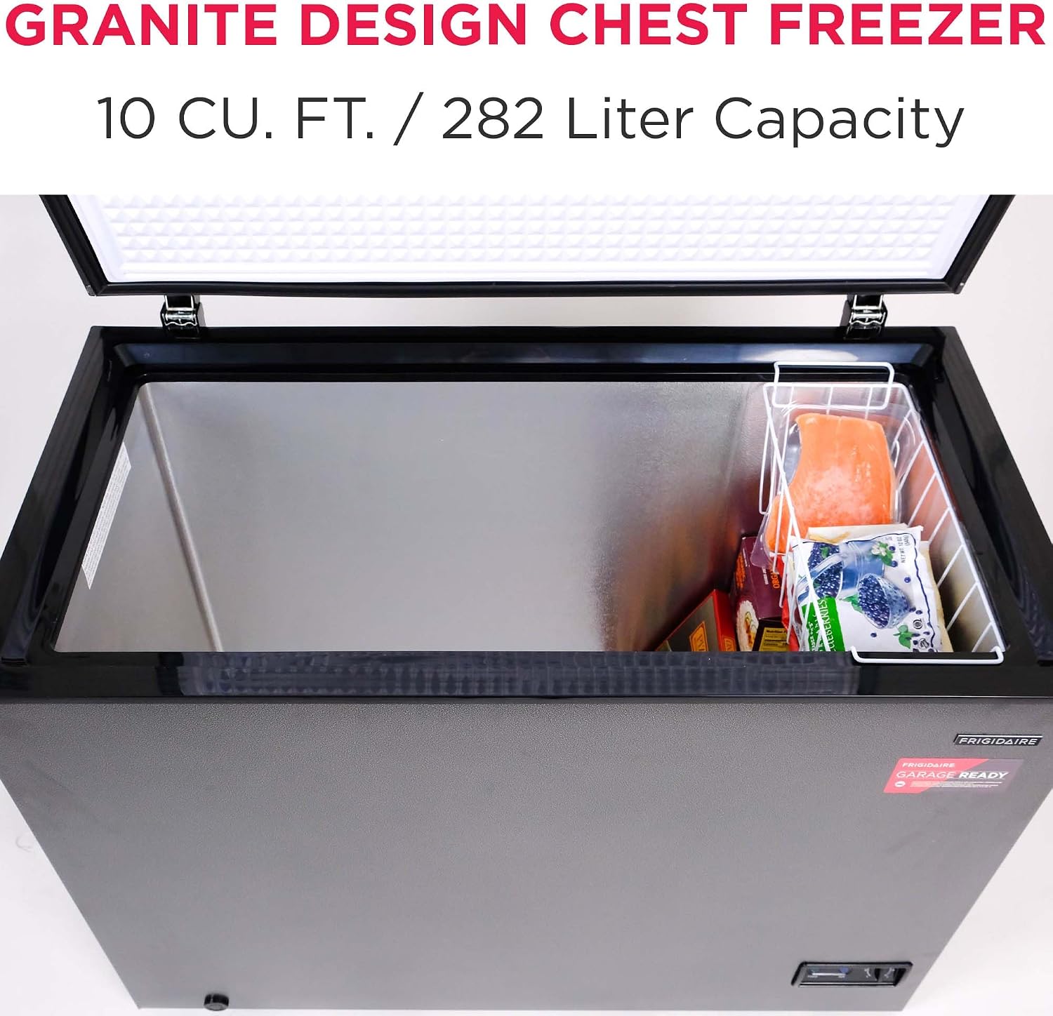Frigidaire Chest Deep Freezer, 10 Cu. Ft. Capacity, Granita Rugged Design-Adjustable Thermostat-Removable Vinyl Coated Wire Basket-Easy Defrost Drain