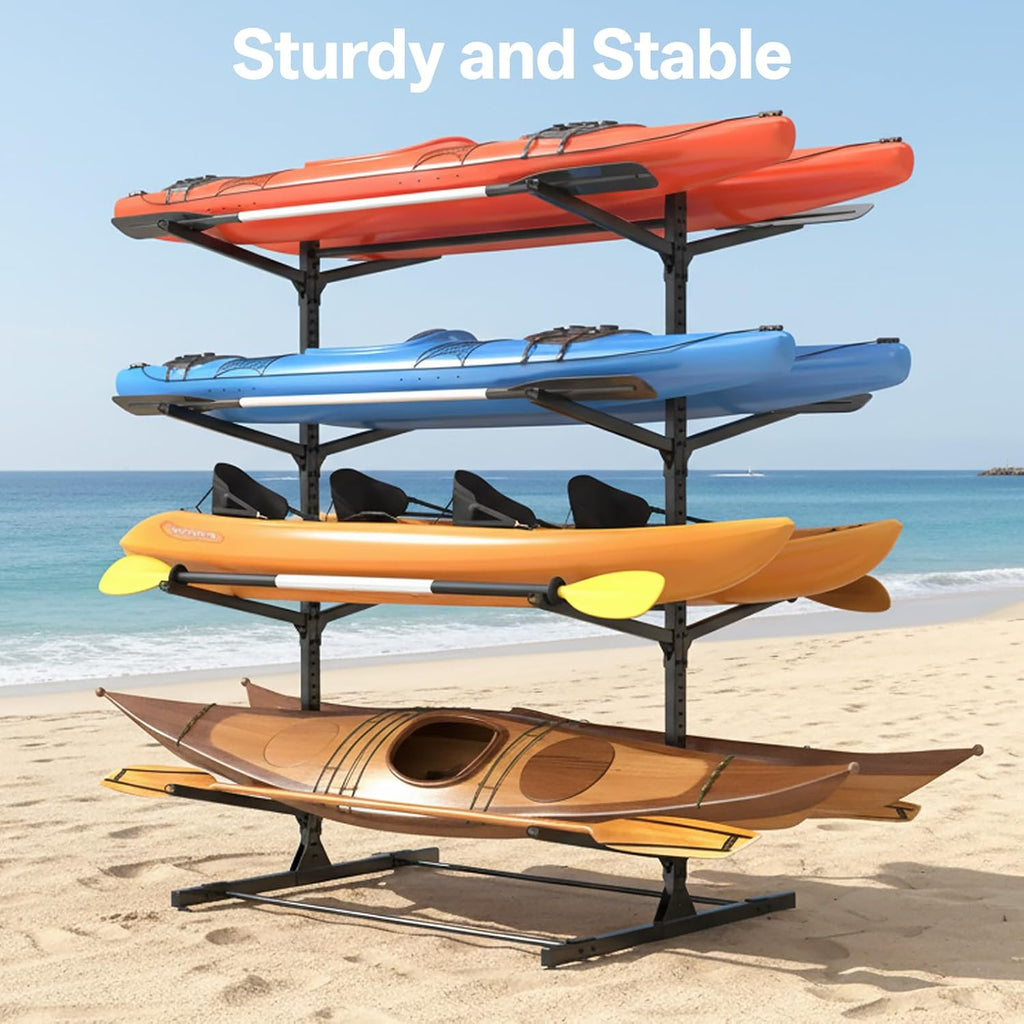LotFun Kayak Storage Rack, Freestanding Heavy Duty Adjustable Kayak Stand Indoor Outdoor Storage Rack Garage, with Wheels and Foot Pad, for Kayaks, SUPs, Canoes, Surfboard (4 Levels for 8 Kayaks)