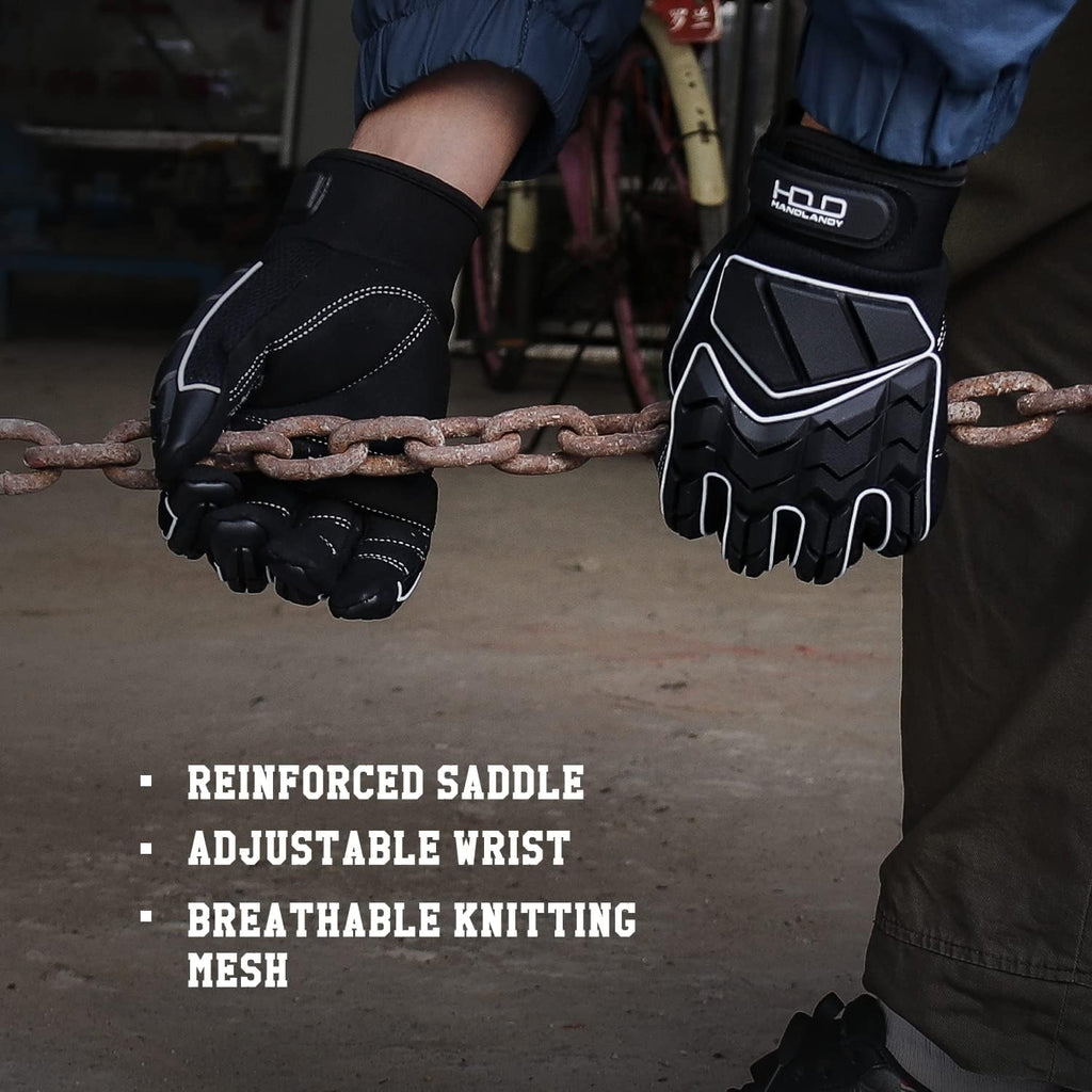 HANDLANDY HLDD Heavy Duty Work Gloves, TPR Protector Impact Gloves, Men Anti Vibration Mechanic Work Glove TouchScreen