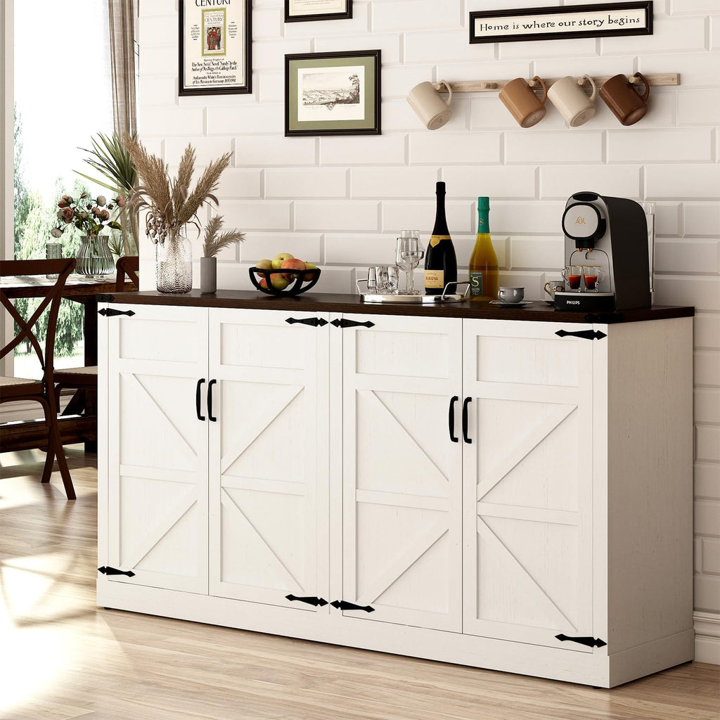 65 Inch Sideboard Buffet Cabinet with Storage, Farmhouse Kitchen Sideboard Cabinets with Adjustable Shelves, Wooden Coffee Bar Storage Cabinet Buffet Table for Kitchen, Dining Room, White