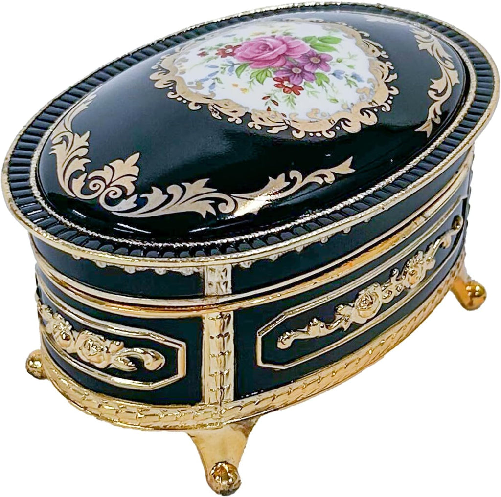 Haelo Elegant Oval Musical Trinket Jewelry Box Plays Tune Candle in The Wind 2.5 x 4 Inch Antimony Ornate Scrollwork with Floral Medallion