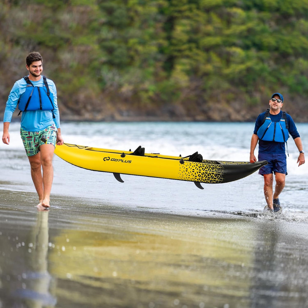 Goplus Tandem Inflatable Kayak, 12.5FT 2-Person Kayak for Adults w/507 LBS Weight Capacity, 2 Aluminium Oars, Padded Seat, 2 Fins, Hand Pump, Carry Bag, Repair Kit, Portable Touring Kayaks