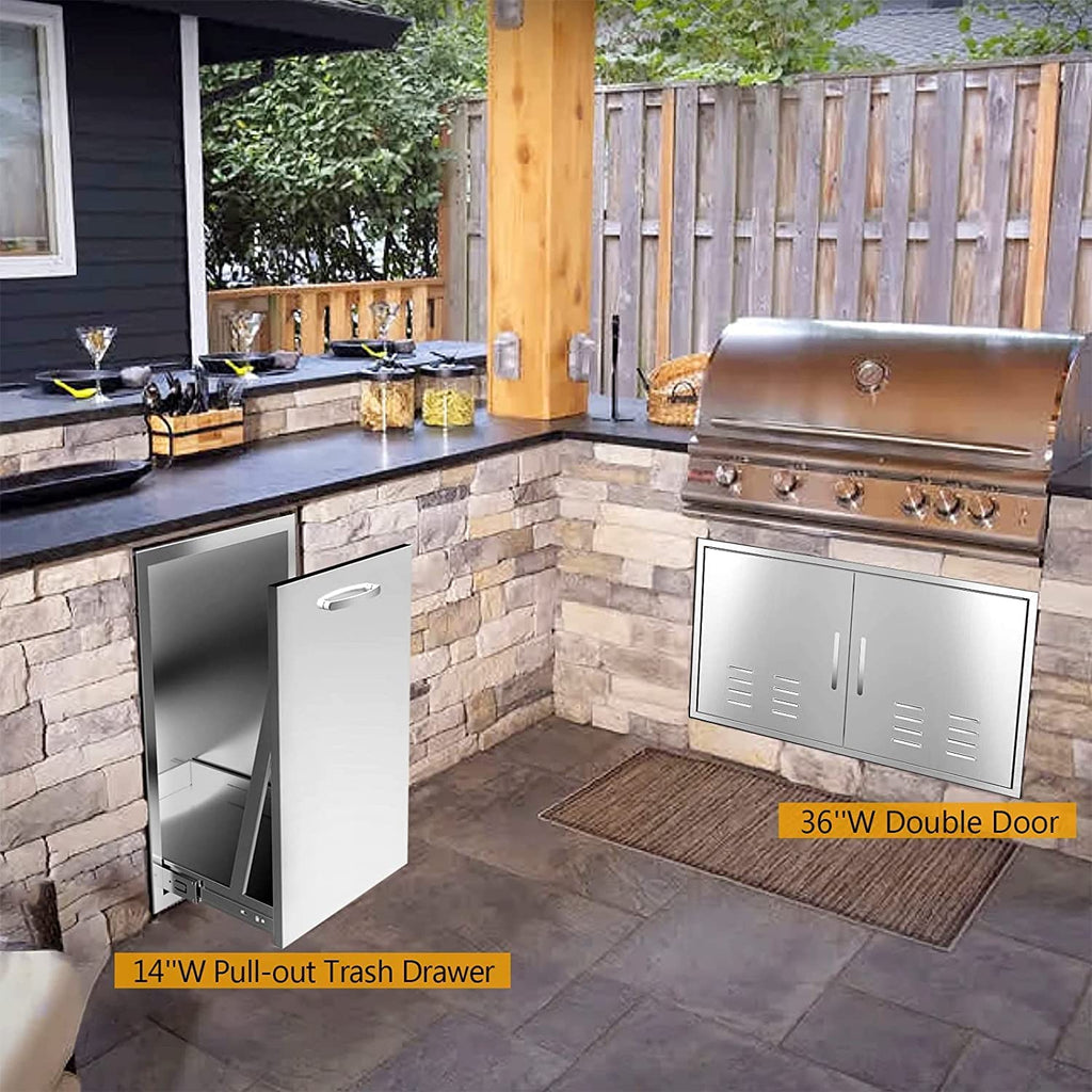 Pull-Out Single Trash Drawer 14''Wx27''Hx20''D, Built-in Trash Drawer, Outdoor Kitchen Stainless Steel Trash Bin for BBQ Island Grill Station