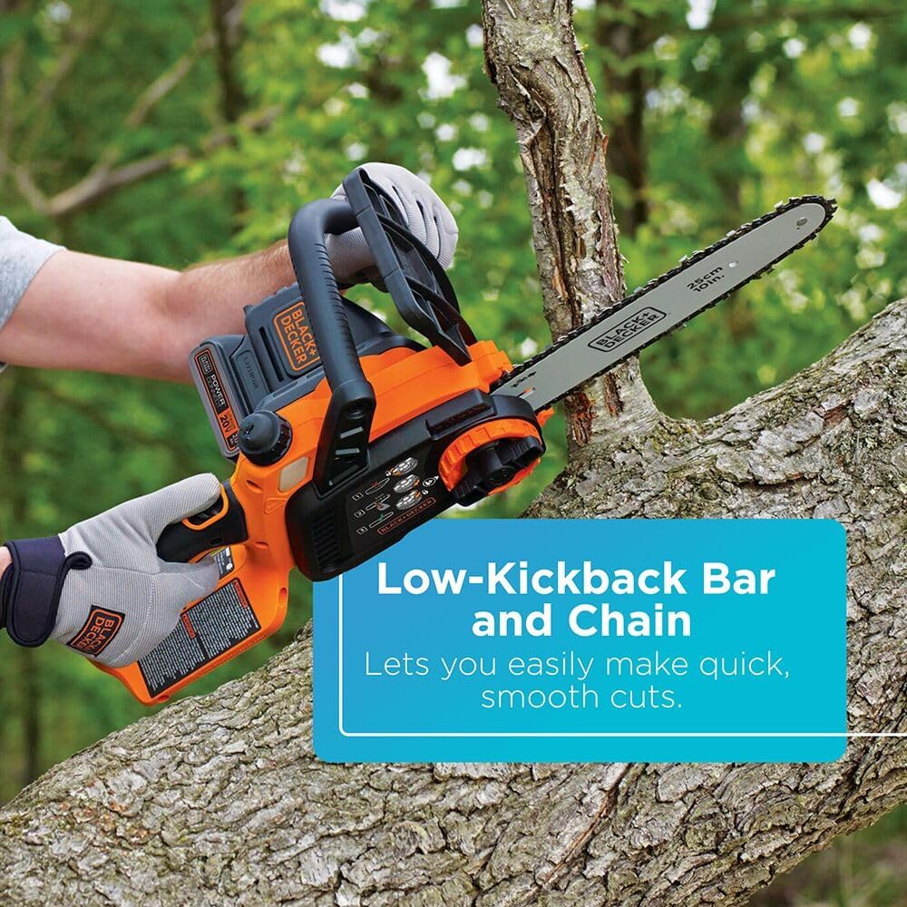 BLACK+DECKER 20V MAX Electric Chainsaw, 10 inch Cordless Chainsaw with Battery and Charger Included, Automatic Oiler, Low Kickback Power Chain Saws (LCS1020)