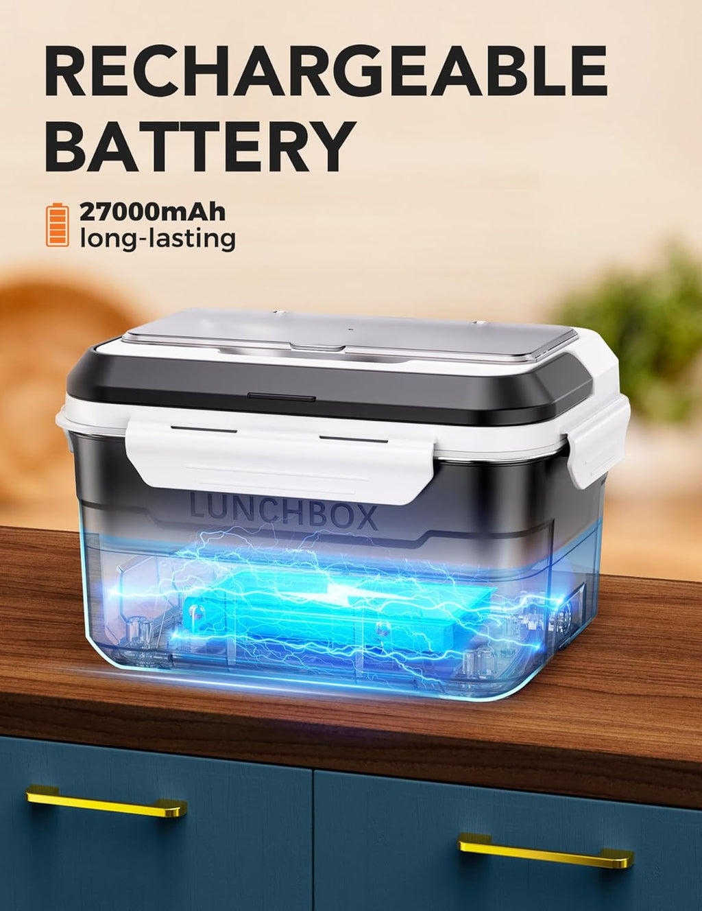 EAST OAK XL 6.3 Cups Cordless Electric Lunch Box for Adults, Heated Lunch Box Battery Powered with Automatic Heating, Portable Food Warmer with Removable Tray Divider