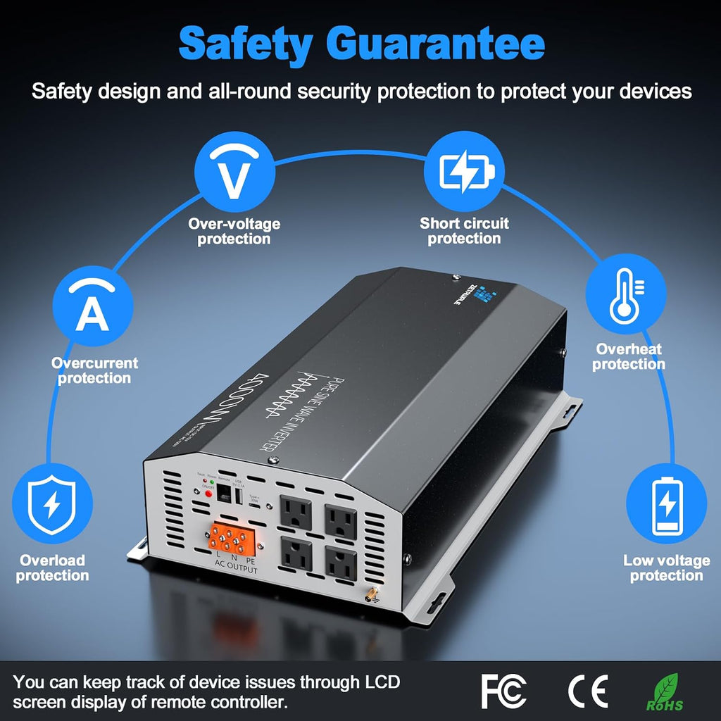 4000W Pure Sine Wave Inverter 12V DC to 110V/120V AC Converter, 8000W Peak, LCD Remote Control, 4 AC Outlets, USB & Type-C – Heavy Duty for RV, Truck, Off-Grid Solar, Home Emergency Power
