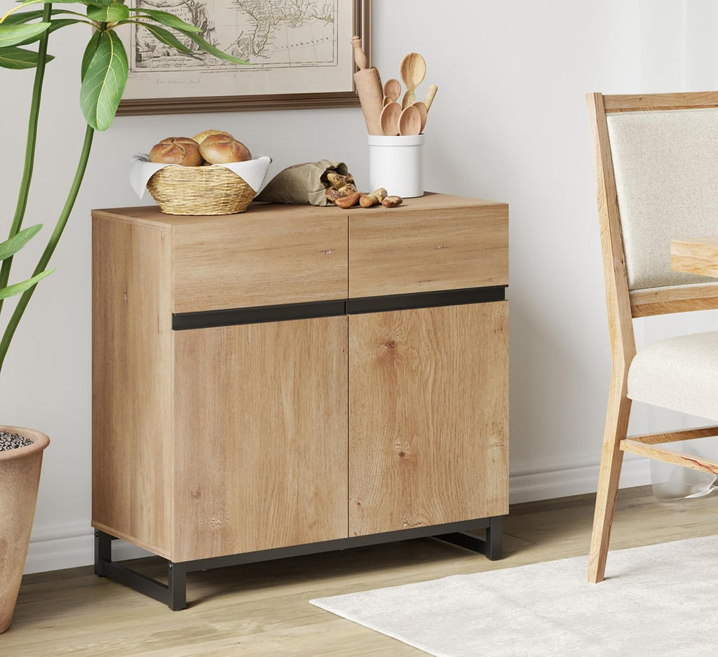 WAMPAT Sideboard Buffet Cabinets, Modern Sideboard with Adjustable Shelf and Metal Base, Coffee Bar Cabinet Storage Cabinet for Living Room, Kitchen, 1Pcs, Oak
