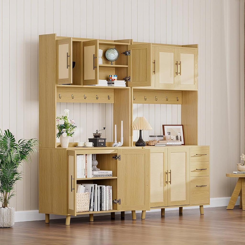 71' Tall Kitchen Pantry Cabinet with Storage, Freestanding Hutch Sideboard Buffet Cabinet with Rattan Door, 3 Drawers, 6 Hooks, Adjustable Shelves, Microwave Stand Countertop for Living Room