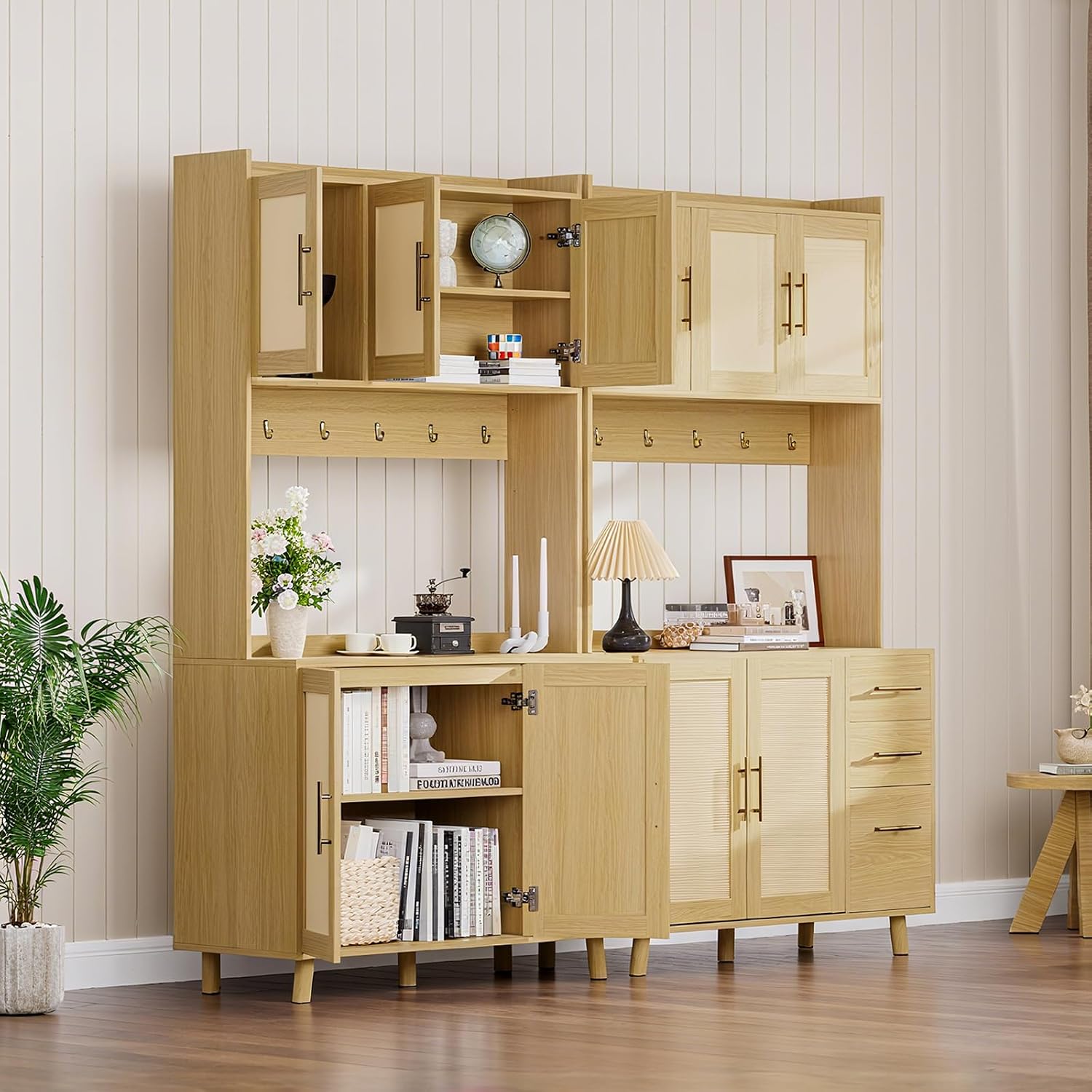 71' Tall Kitchen Pantry Cabinet with Storage, Freestanding Hutch Sideboard Buffet Cabinet with Rattan Door, 3 Drawers, 6 Hooks, Adjustable Shelves, Microwave Stand Countertop for Living Room