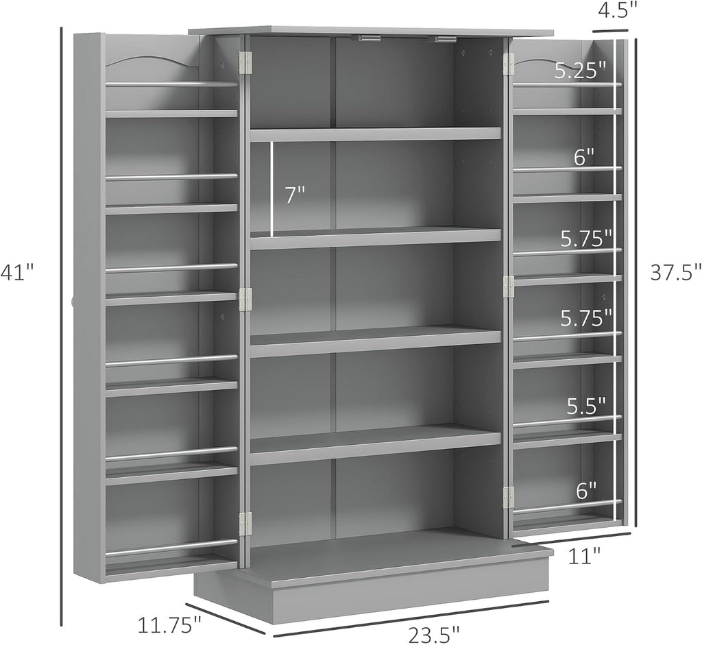 HOMCOM 41' Kitchen Pantry Storage Cabinet, Freestanding Kitchen Cabinet with 12 Door Shelves, Double Doors, 5-Tier Shelving and Adjustable Shelves, Gray