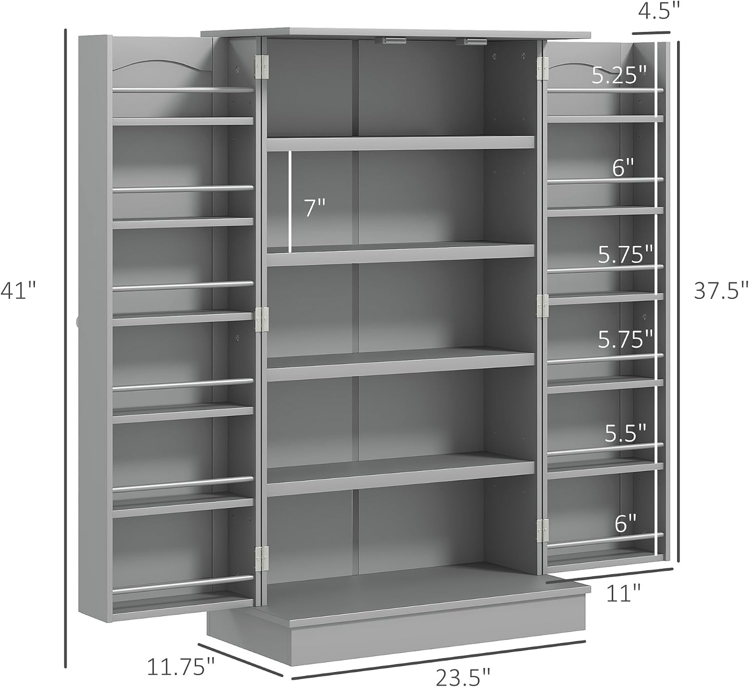 HOMCOM 41' Kitchen Pantry Storage Cabinet, Freestanding Kitchen Cabinet with 12 Door Shelves, Double Doors, 5-Tier Shelving and Adjustable Shelves, Gray
