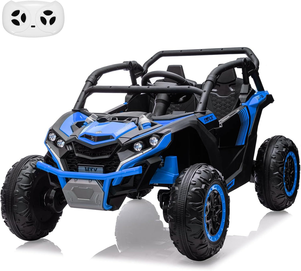 GarveeLife 24V Ride On Utv for Kids, 2 Seater 4WD Electric Truck with Remote Control, High and Low Speed Adjustment, Led Lights, 4-Wheel Shock Absorption, One Click Start, Music Player(Blue)