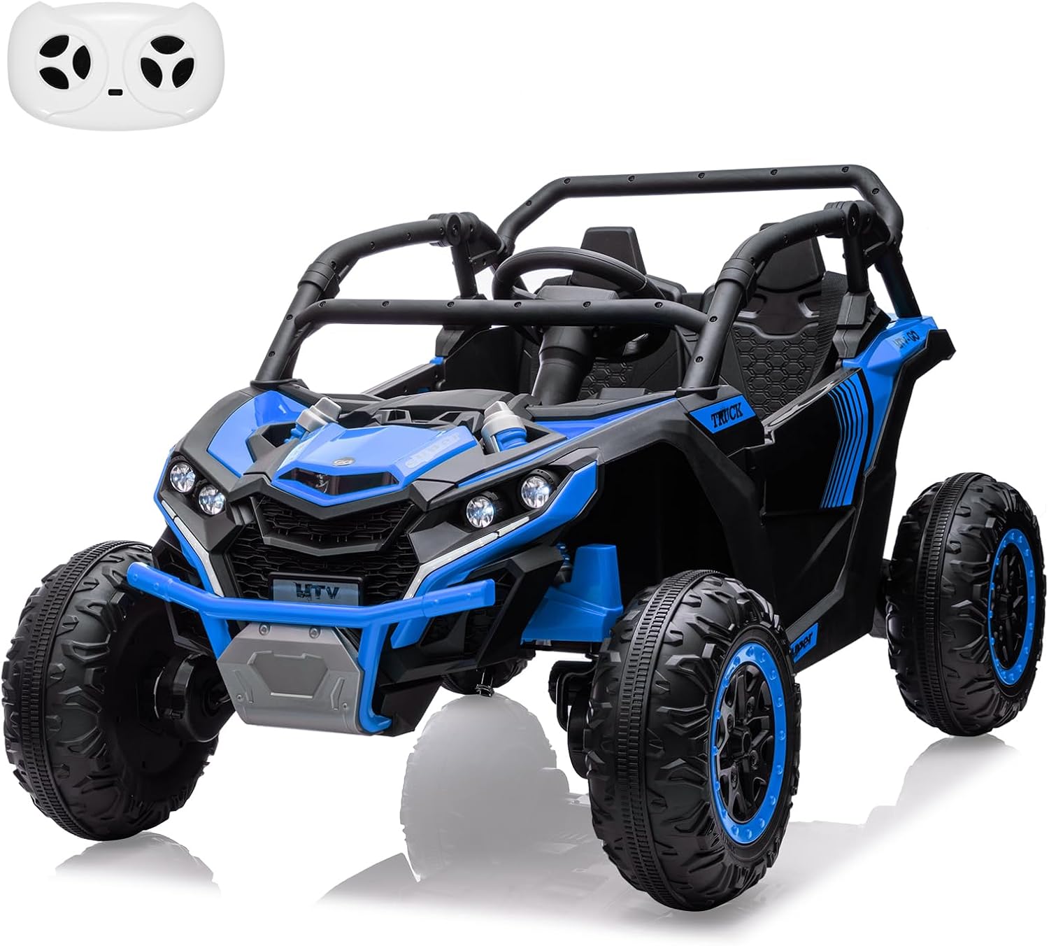 GarveeLife 24V Ride On Utv for Kids, 2 Seater 4WD Electric Truck with Remote Control, High and Low Speed Adjustment, Led Lights, 4-Wheel Shock Absorption, One Click Start, Music Player(Blue)