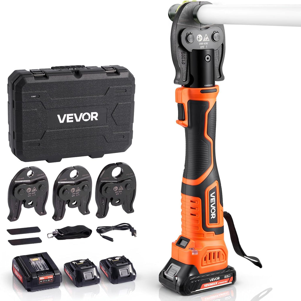 VEVOR Press Tool, 18V Electric Pipe Crimping Tool for 1/2' 3/4' 1' PEX Pipe Stainless Steel Rings, 24KN PEX Press Tool Compatible with PureFlow - with 3 VPF Jaws, 2pcs 2AH Batteries, Charger & Toolbox