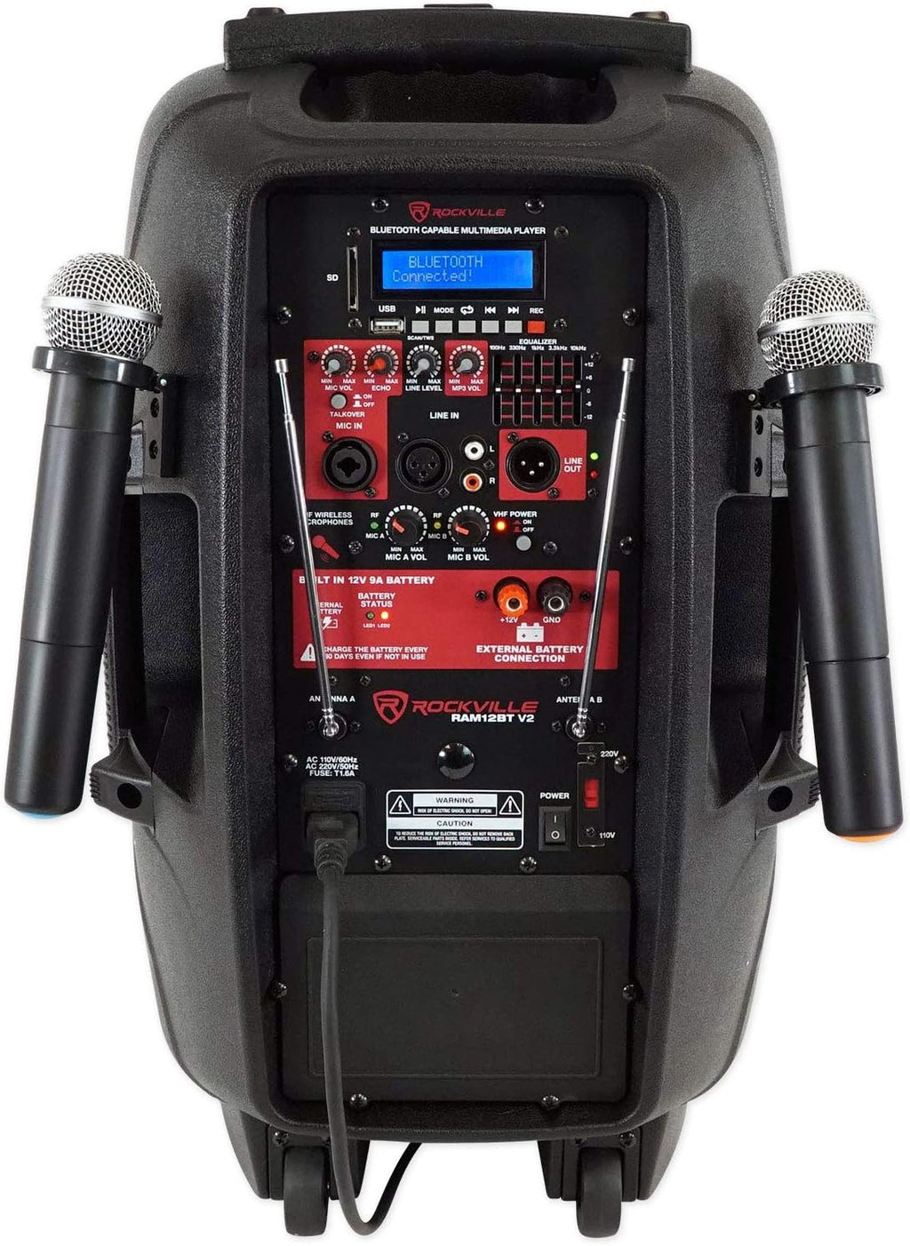 Rockville RAM12BT 12' Rechargable Powered 600W PA Speaker, 2 Mics, Bluetooth