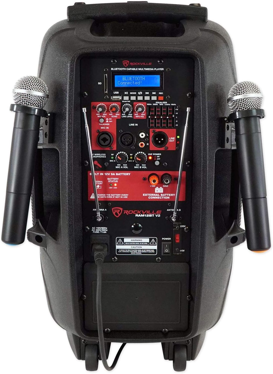 Rockville RAM12BT 12' Rechargable Powered 600W PA Speaker, 2 Mics, Bluetooth