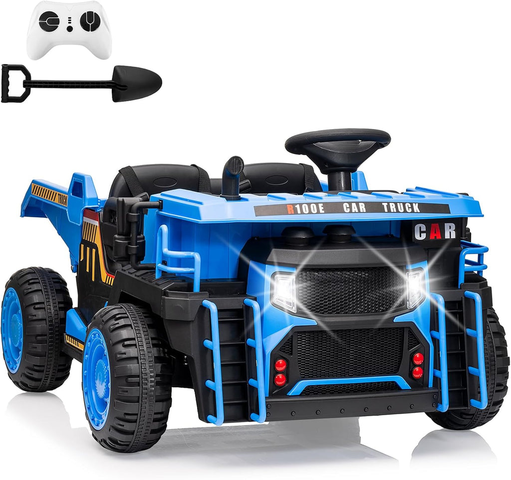 24V Kids Ride On Dump Truck with R/C, 2 Seater Electric Car - 2WD/4WD Powerful Motors, 4.4 Mph, Electric Dump Bed & Shovel, EVA Tires, Music Player, Soft Start, 19' Spacious Seat (Blue)