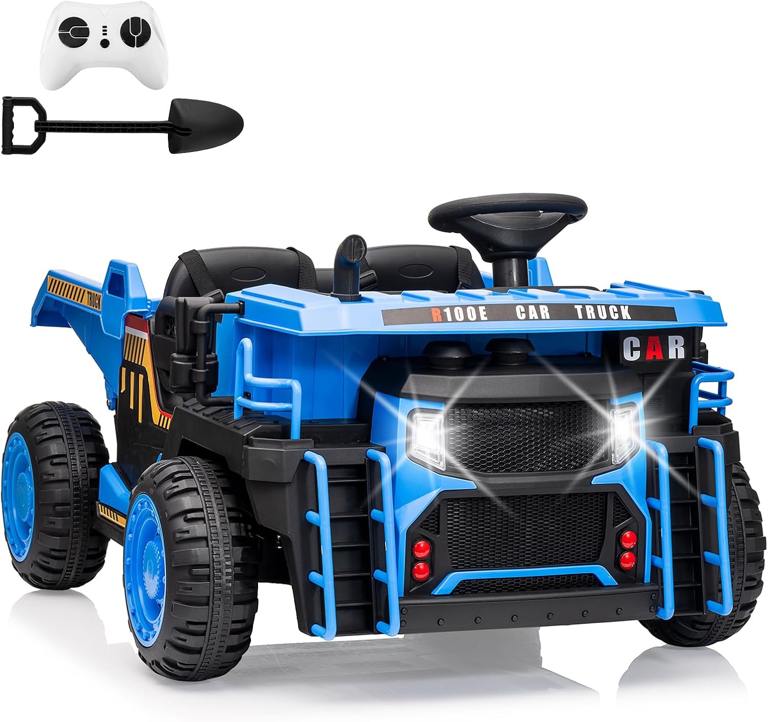 24V Kids Ride On Dump Truck with R/C, 2 Seater Electric Car - 2WD/4WD Powerful Motors, 4.4 Mph, Electric Dump Bed & Shovel, EVA Tires, Music Player, Soft Start, 19' Spacious Seat (Blue)