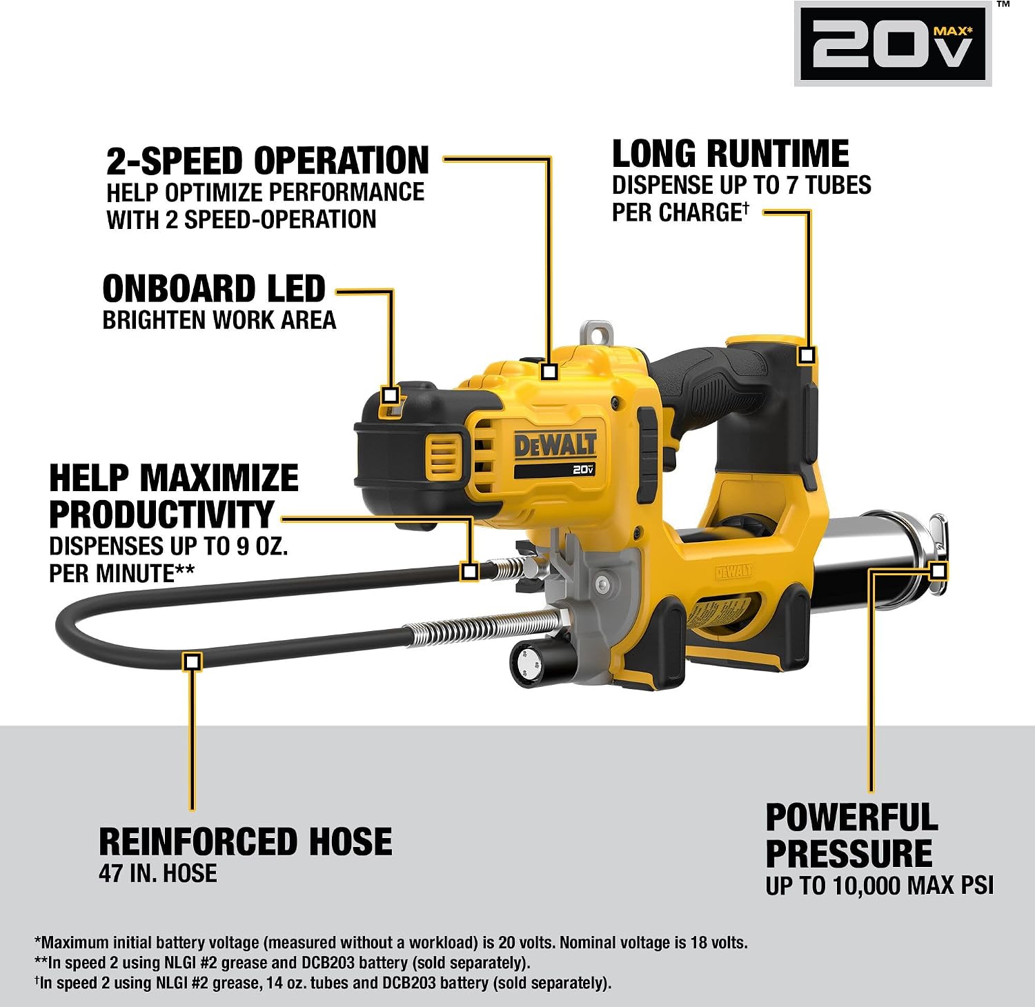 DEWALT Grease Gun 20V MAX Cordless 10,000 PSI Variable 2-Speed Electric Grease Gun with 47 Inch Hose and LED Light, Up to 9 oz per Minute and 7 Tubes per Charge, Tool Only (DCGG581B)