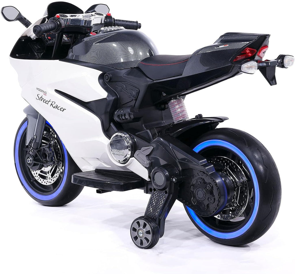 Moderno Kids Street Racer 12V Battery Power Electric Children Ride-On Motorcycle Bike + EVA Foam Rubber Tires + Leather Seat + MP3 USB Music Player + LED Lights + Training Wheels