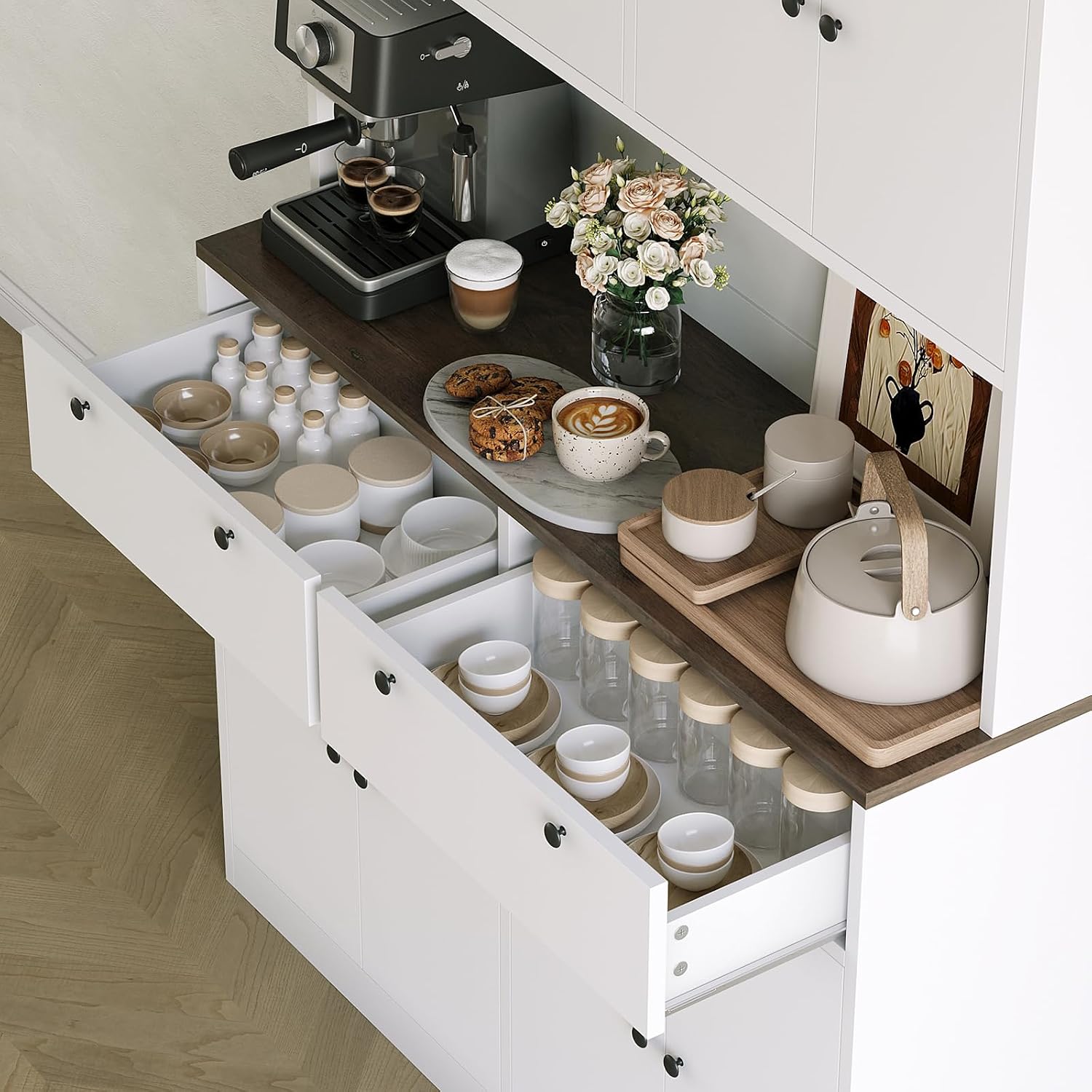 Garvee 71' Tall Kitchen Pantry Storage Cabinet with Charging Station, Food Hutch with Drawers, Doors, Shelves, and Countertop for Dining Room