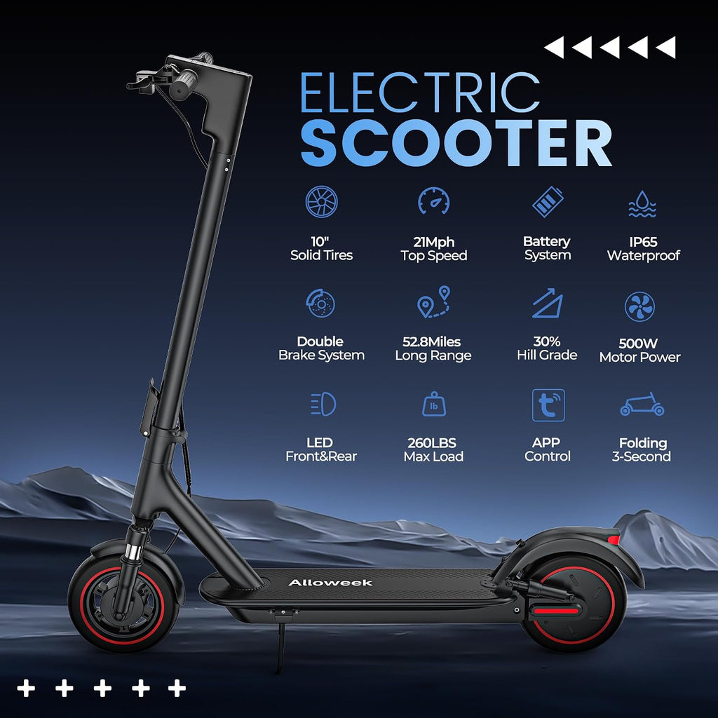 Alloweek Electric Scooter for Adults – 350W/500W Motor, 19 MPH/22Mph Top Speed, 21-52 Miles Range, 8.5'/10 inch Tires, Folding E-Scooter with Dual Suspension and Braking System, App Control