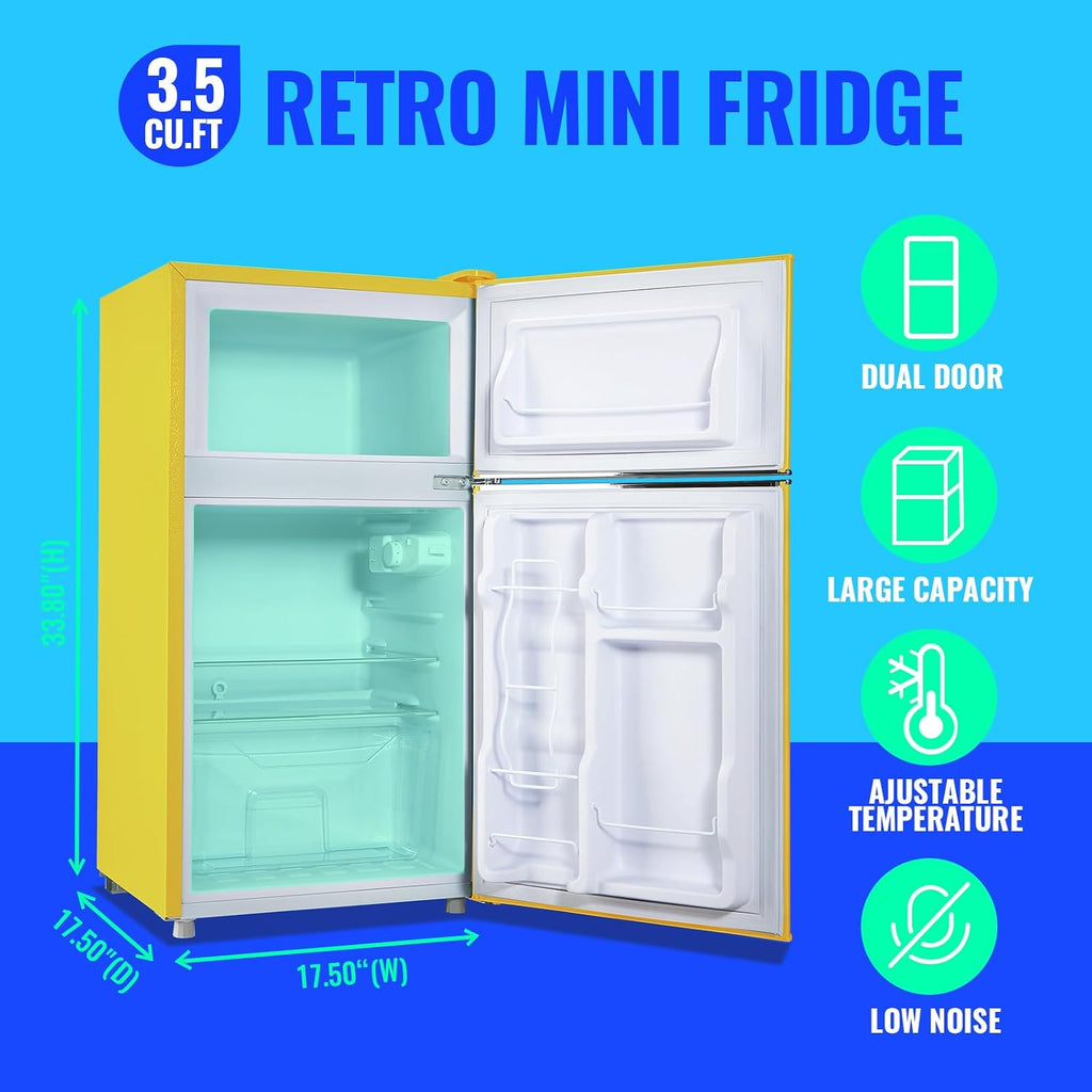 3.5 Cu.ft Fridge Dorm Fridge Refrigerator with Adjustable Glass Shelves, 7 Level Temperature Control Suit for Bedroom, Office, Apartment Yellow
