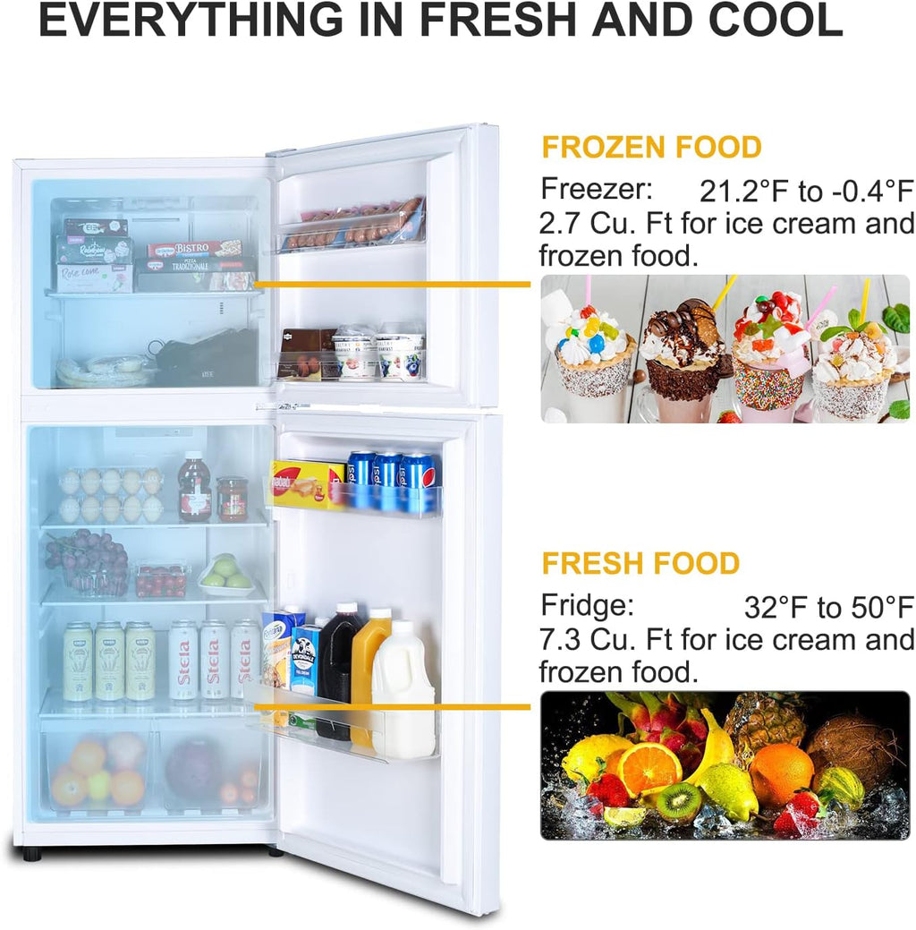 10.0 CU' Refrigerator with Freezer, Apartment Size Refrigerator Top Freezer, 2 Door Fridge with Adjustable Thermostat Control, Freestanding, Door Swing, White (FR 1002 WH)