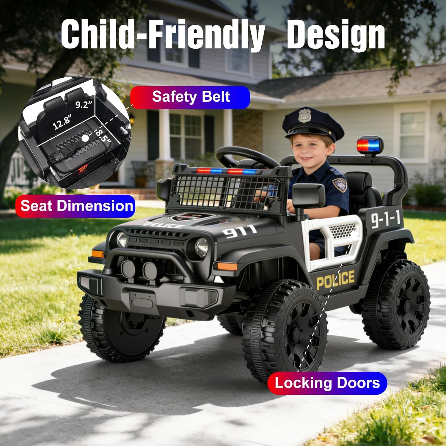 12V Ride on Car with Parent Remote Control, Toddler Police Electric Car with Spring Suspension, LED Lights & Music Player - Safe Battery Toy for Kids, Christmas & Birthday Gift