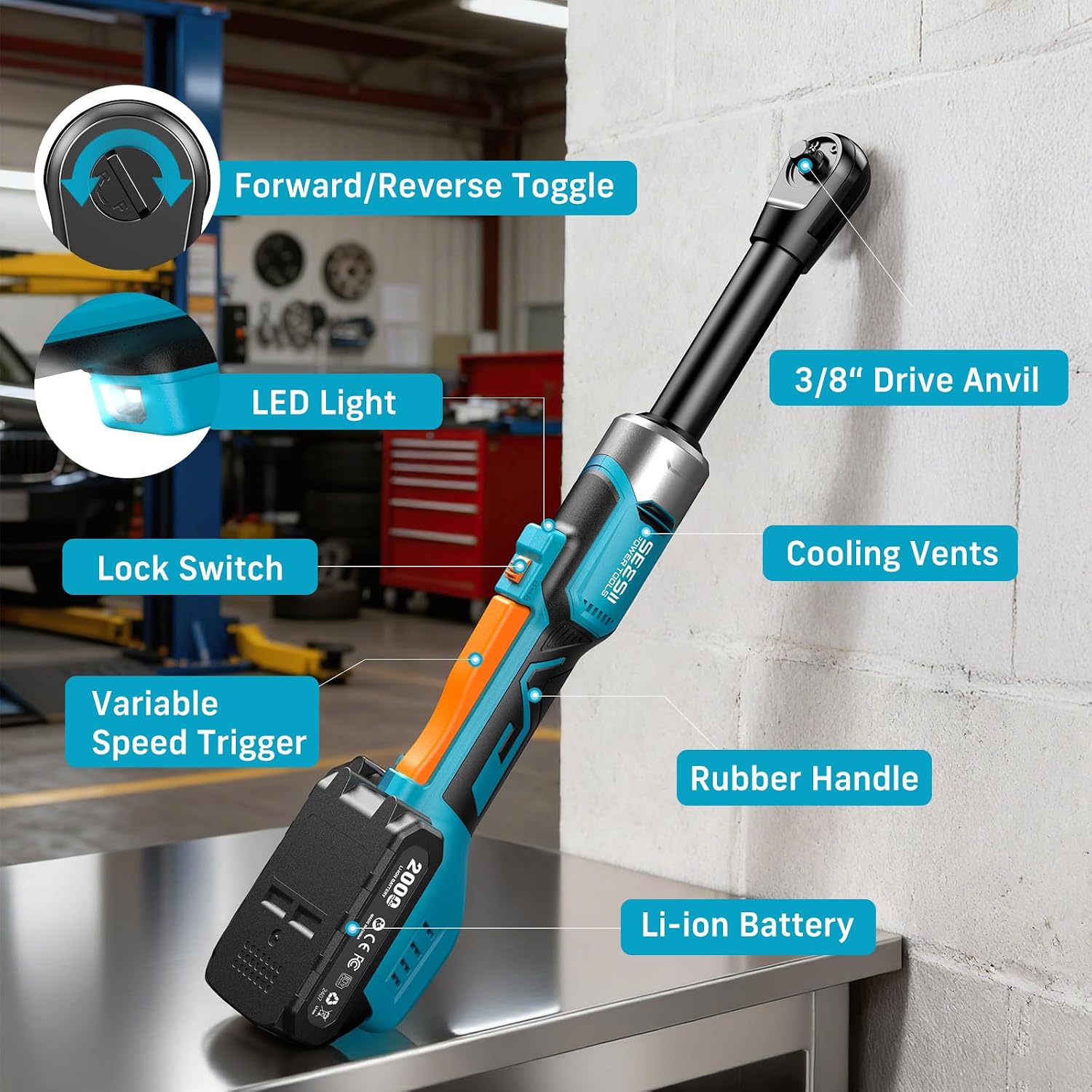Cordless Electric Ratchet Wrench 3/8', 6' Extended Neck, 3-Speed Adjustable, 74 Ft-lbs Max Torque, 21V Power Brushless Ratchet with 2×2.0Ah Batteries & Fast Charger, 8 Sockets, 1/4'& 1/2' Adapter