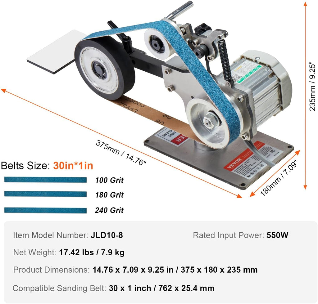 VEVOR Belt Grinder Sander, 30 x 1-Inch Variable Speed Belt Polisher with VFD, 550W Polishing Grinding Machine with 2 Grinding Moulds & 3PCS Sanding Belts for Metalworking, Knife Making