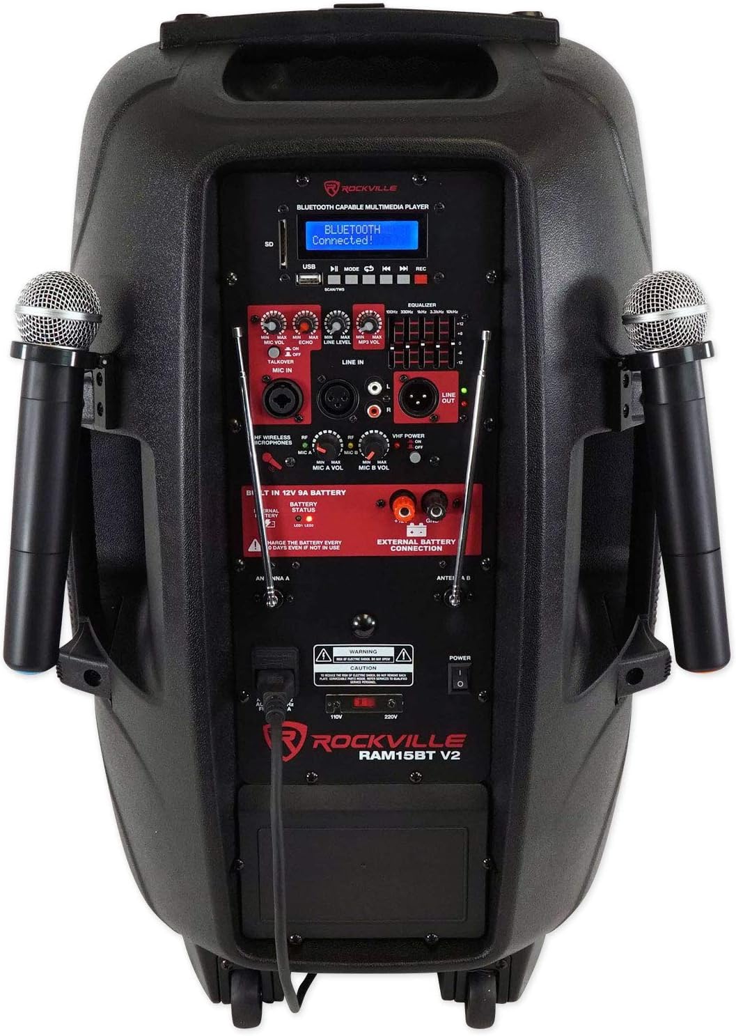 Rockville RAM15BT 15' Rechargable Powered 800W PA Speaker, 2 Mics, Bluetooth