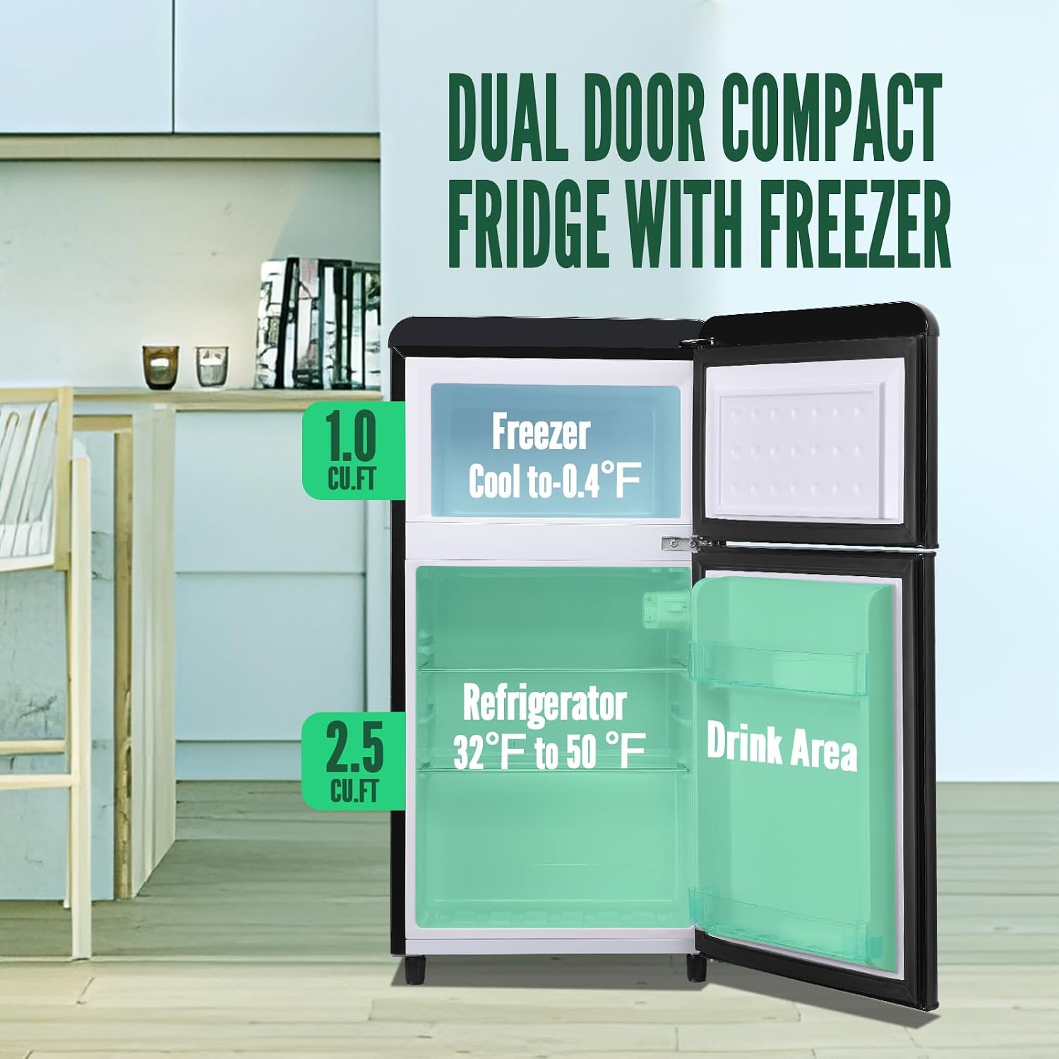 WANAI Retro Mini Fridge with Top Freezer 3.5 Cu.Ft Compact Refrigerator with Seven Adjustable Thermostat Two Door Small Fridge with Removable Glass Shelves for Kitchen Dorm Office Apt Black