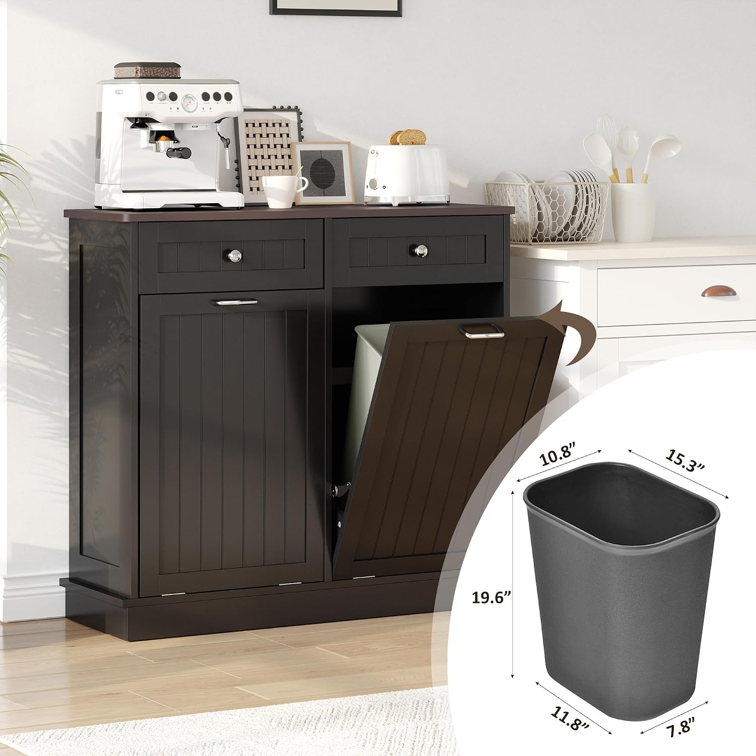 KIGOTY Double Tilt Out Trash Can Cabinet, 20 Gallon Hidden Trash Storage Cabinet with 2 Hideaway Drawers, Freestanding Trash Can for Kitchen, Wooden Laundry Hamper Cabinet, Pet Proof (Black)