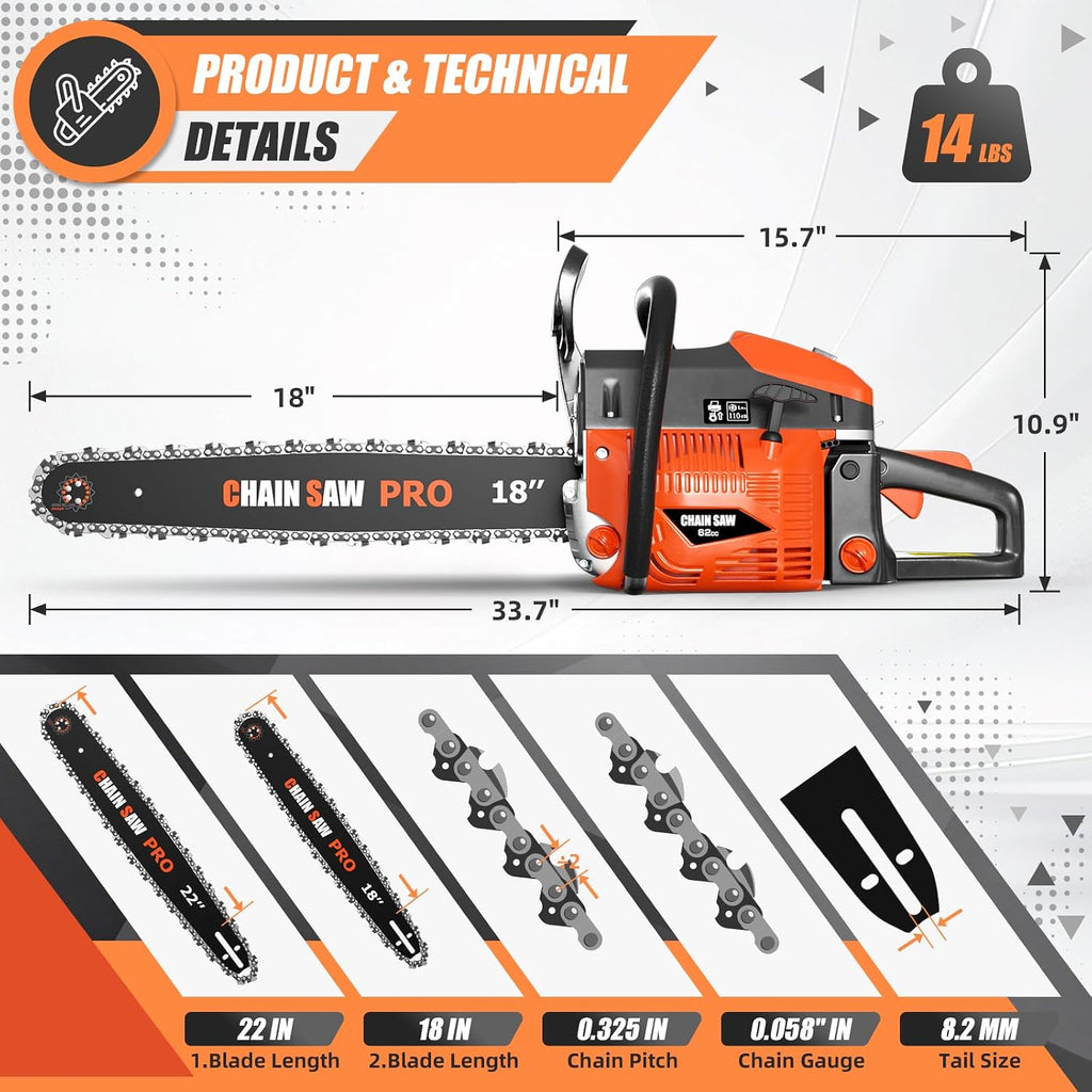 62CC Gas Chainsaw, Professional Chainsaw with 2-Stroke Engine, 18inch & 22inch Chain Saw Bar, Ergonomic Non-Slip Handle & Dual Fuel Tanks for Tree Wood Cutting