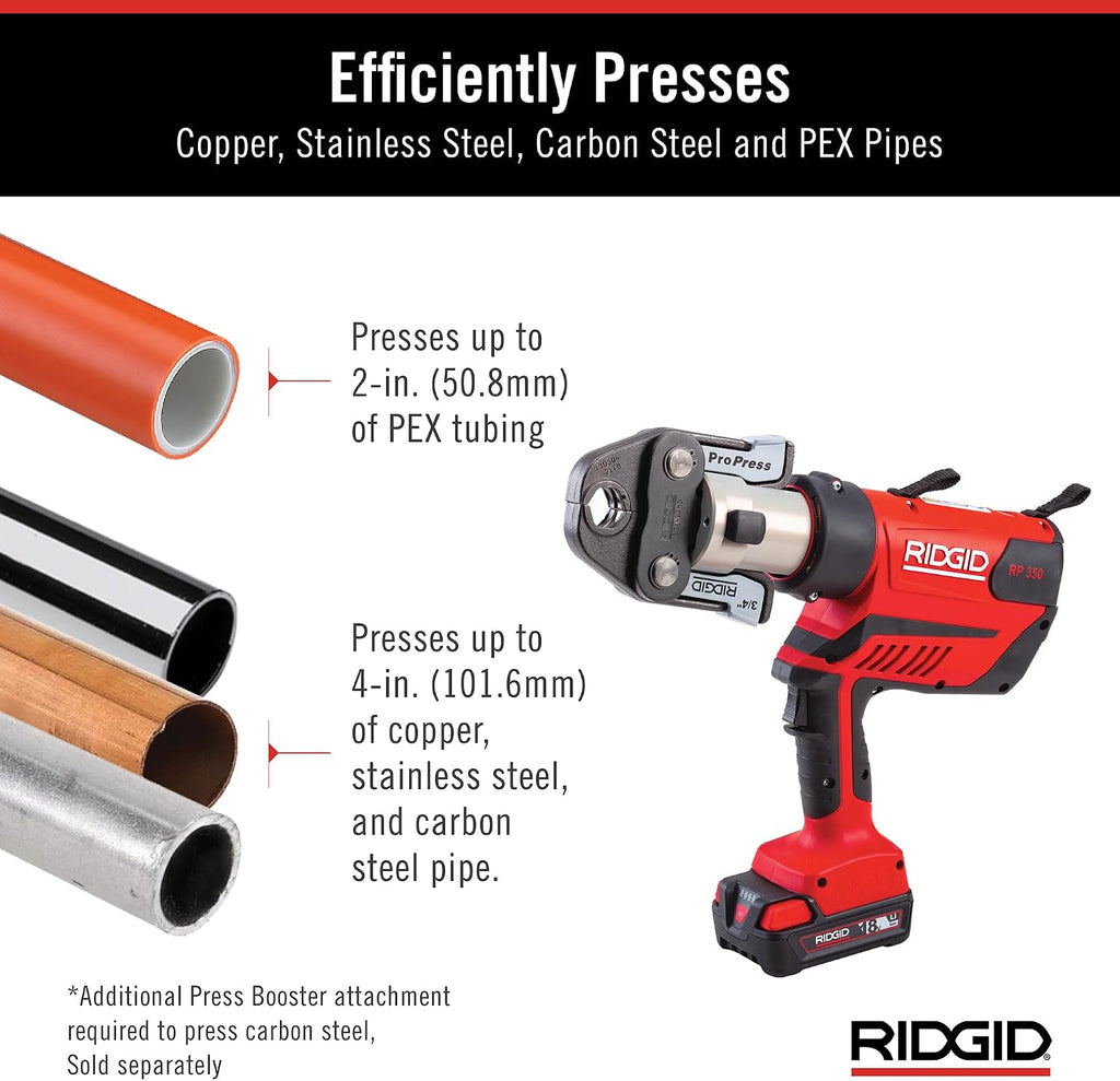 RIDGID 67053 RP 350 ProPress 8-Piece Pressing Tool Kit with 18-Volt Battery, Charger, 4 ProPress Press Tool Jaws (1/2' to 2'), and Case