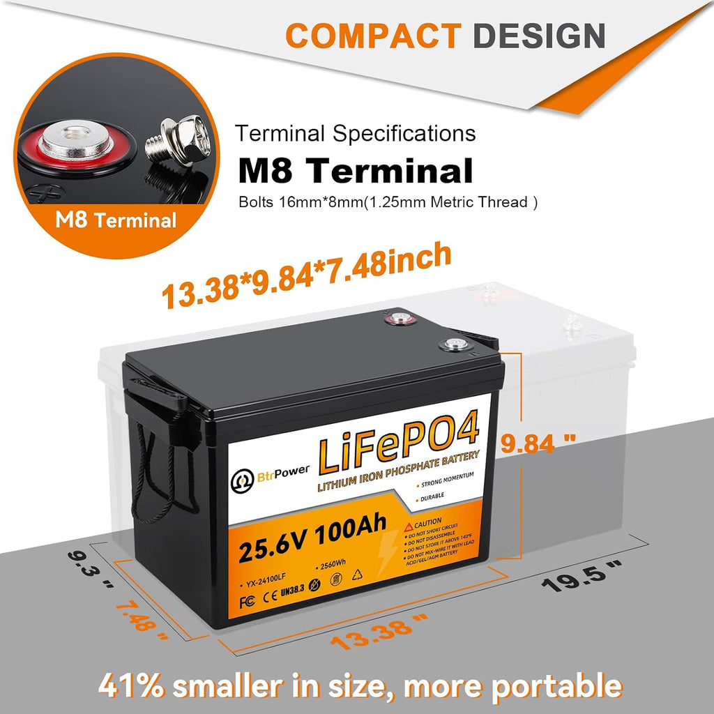 2 Pack 24V 100Ah LiFePO4 Battery, Built-in 100A BMS,2560Wh Lithium Battery,4000-15000 Deep Cycles & 10-Year Lifetime, Perfect for Marine, RV, Marine, Trolling Motor, Solar Off-Grid System