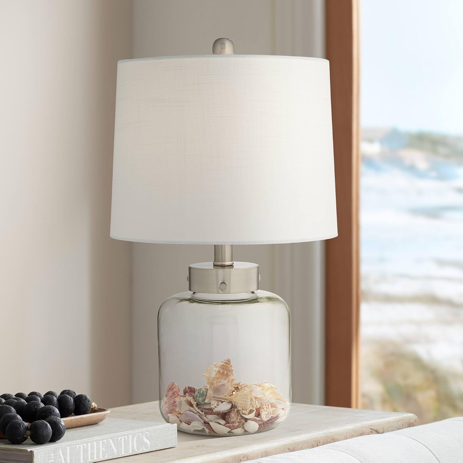 360 Lighting Coastal Country Accent 3-Way Table Lamp with Table Top Dimmer Fillable 20.5' High Clear Glass Off White Fabric Drum Shade Decor for Living Room Bedroom House Bedside Nightstand
