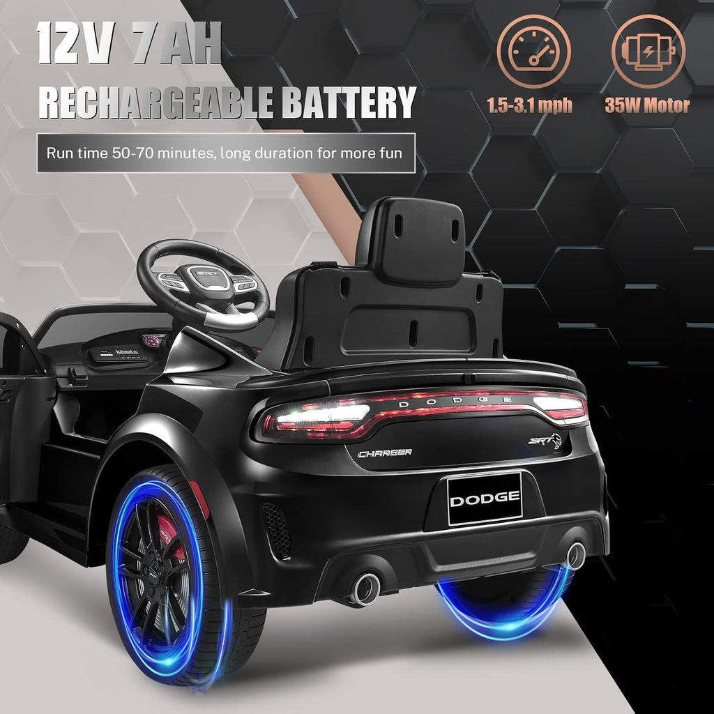 ENYOPRO 12V Electric Car for Toddlers & Kids, Licensed Dodge Charger SRT Hellcat Ride On Car, 7Ah Battery Powered Electric Vehicle w/Remote Control, Bluetooth, Music, 3 Speeds, LED Lights (Black)